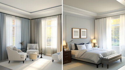 Wall Mural - Upgrade a bedroom from drab to chic with soothing colors and light curtains.