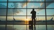 Silhouette of a businessman with a suitcase talking on his cell phone at the airport with a captivating sunset in the background