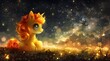 Enchanting digital art of a small, orange-haired unicorn sitting in a field under a luminous, star-filled night sky.

