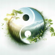 yin and yang symbol with trees and mountains surrounding it
