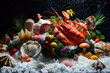 A vibrant display of assorted seafood delicacies arranged on a bed of crushed ice, showcasing the ocean's bounty in vivid detail, with pearls of condensation glistening under the studio lights.