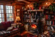cozy cabin retreat with a crackling fireplace, a French press brewing on the stove, and shelves filled with books for a relaxing escape.