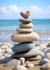 Poster - Balanced stones on beach with heart-shaped rock