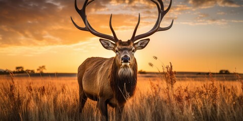 Wall Mural - majestic deer in golden field at sunset