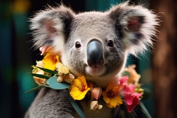 Poster - Cute koala holding colorful flowers