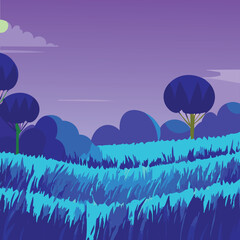 Blue grass meadow outdoor 3d illustration simulating night