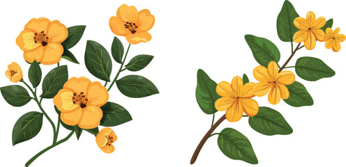 Aufkleber - Yellow flowers on green branch. Cartoon floral icon