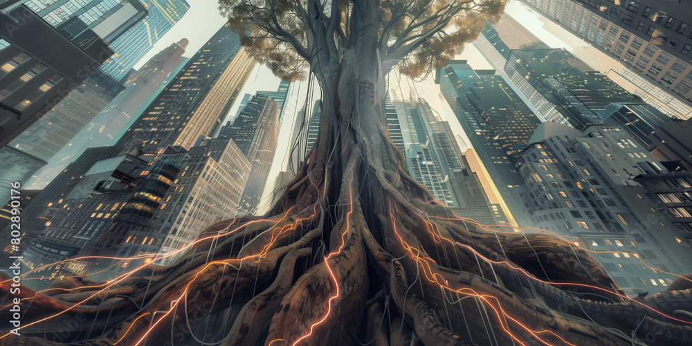 cityscape where the towering buildings are intertwined with the deep ...