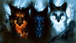 Three wolves with different colors staring at you.