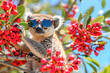 Stylish lemur wearing blue sunglasses among vibrant red berries.