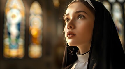 Portrait of a young nun in a church