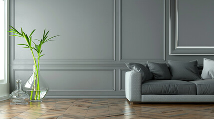 Wall Mural - Living room in minimalist style with gray walls, barnwood floors, and a sleek sofa.