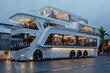 Luxurious and unique double decker motorhome with multiple floors, a terrace on the roof,