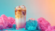Glass of tasty iced coffee with splashes on color background