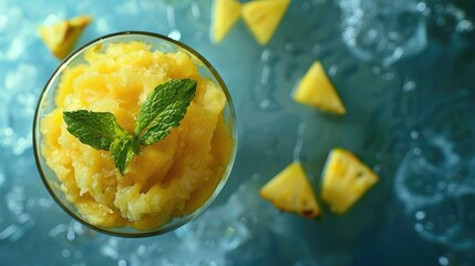 Wall Mural - An enchanting image of a pineapple sorbet in a delicate glass, garnished with a mint leaf, offering a cool and refreshing treat on International Pineapple Day.