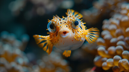 Wall Mural - Pufferfish on a coral reef