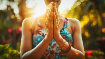 Wall Mural - The hands of a woman in a yoga prayer pose