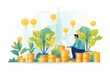 Investment funds cartoon illustration - Generative AI. Coin, stack, man, sitting.