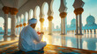 A man in Islamic clothing praying in mosque