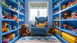 © INT888 - A beautiful playroom filled with toys and a blue armchair