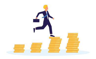 Wall Mural - Businessman investor runs through a large stack of gold coins, growth graph, career growth, business. Man running to top stacks of coins business achievement concept. Upward movement.