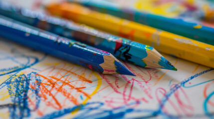 Poster - Vibrant colored pencils in close-up on paper with colorful doodles