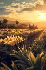 Wall Mural - Cargo truck carrying bottles with pineapple juice in an orchard with sunset. Concept of food and drink production, transportation, cargo and shipping.