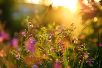 Bee Orchid flowers closeup in botanical garden with sunlight at sunset with bee pollinating