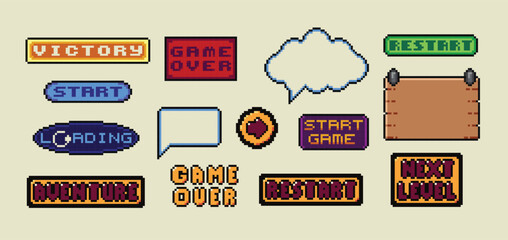 Fototapete - Pixel art frames. Retro 8 bit buttons, arrows, speech bubble messages and quote frame. Game UI vector template set of pixel game frame, 8 bit message illustration