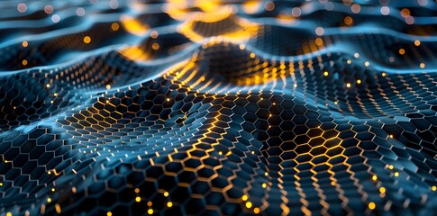 Poster - 3d render of glowing honeycomb background, abstract black and blue with golden hexagon pattern 
