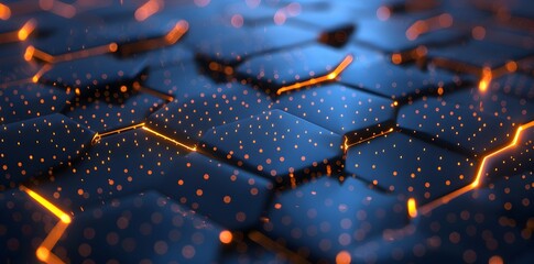 Poster - 3d render of glowing honeycomb background, abstract black and blue with golden hexagon pattern 
