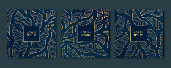 Canvas Print - Vector set of art deco floral pattern, line labels frames, plant vintage ornament. Organic luxury borders, nature labels, blossom covers. Golden on blue