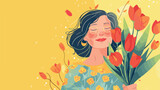 Fototapeta Tulipany - Beautiful happy mature woman with bouquet of tulips o