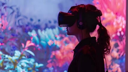 Poster - A woman engages with a VR headset amid vibrant, illuminated surroundings.