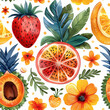 A colorful and whimsical floral summer pattern with various fruits and flowers