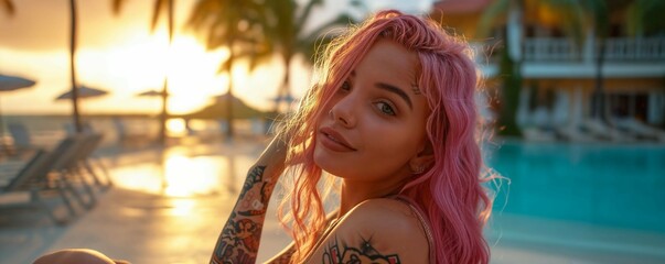 Wall Mural - Happy teenager on summer vacation in a luxury resort. Summer holidays concept.. Portrait of a beautiful teenage tattooed influencer with pink hair and piercings having fun at a luxury resort