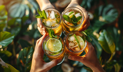 Four friends cheers with cocktails in mason jars on tropical background