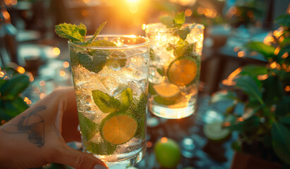 Wall Mural - Mojito cocktail with lime and mint in glass on table in summer garden