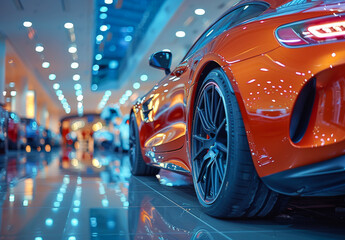 Wall Mural - Orange sports car parked in showroom