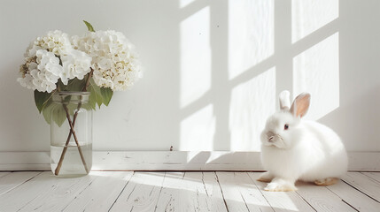 Wall Mural - White rabbit and white hydrangea in a white room