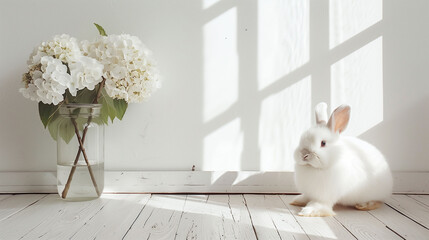 Canvas Print - White rabbit and white hydrangea in a white room