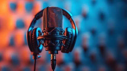 Wall Mural - Studio condenser microphone with professional headphones on acoustic foam panel background with blue and orange light, copy space on right