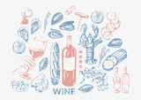 Fototapeta Tęcza - Vector wine illustration. Wine bottle, glass, snack. For food and drink background, menu design, party invitation.
