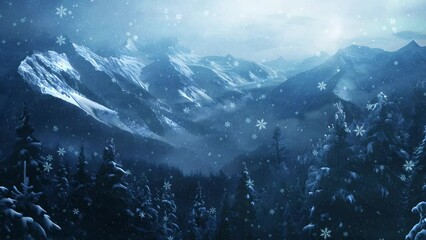 Wall Mural - Tranquil Scene: Snow Covered Mountains During a Gentle Snowfall, Creating a Serene Winter Landscape