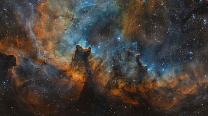 panoramic view of towering dust pillars set against a glittering star field in deep space