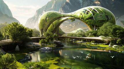Wall Mural - Visualize a future where humans live in harmony with nature, using biomimicry for sustainable development. 