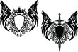 howling wolf heads with heraldic shield, king crown, knight sword and rose flowers - royal coat of arms black and white vector design set