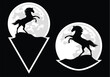 rearing up against full moon mustang horse - wild west spirit black and white vector silhouette sticker design set