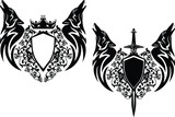 Fototapeta  - howling wolf heads with heraldic shield, king crown, knight sword and rose flowers - royal coat of arms black and white vector design set