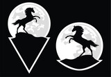 Fototapeta  - rearing up against full moon mustang horse - wild west spirit black and white vector silhouette sticker design set